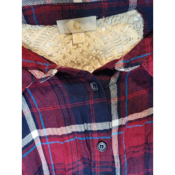 Charming Charlie Red Black White Flannel Shirt with Crochet Cutout-Small (S) - Picture 5 of 6